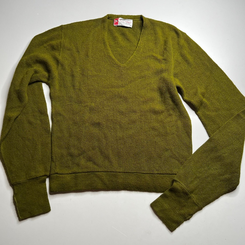 Vintage Gary Player Puritan V-Neck Sweater Olive Green Orlon 1960s Mens S